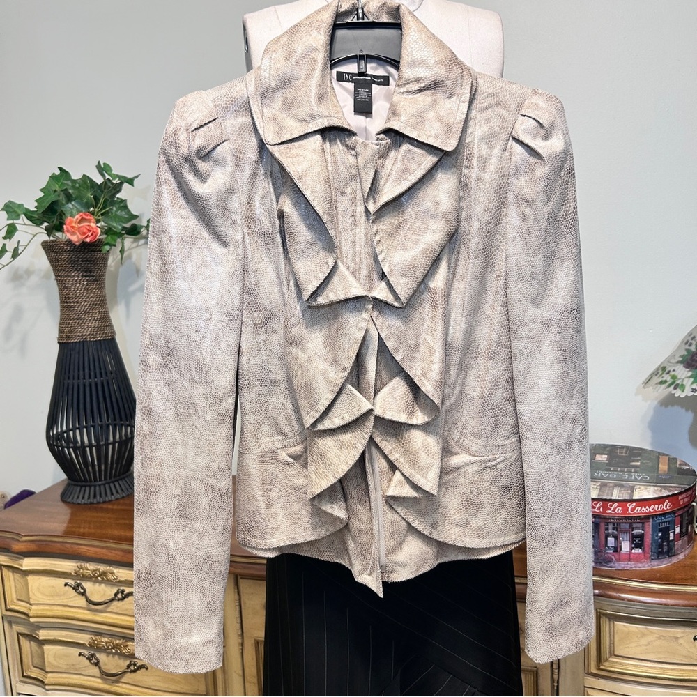 INC Tan Cream Faux Snake Leather Suede Ruffle Front Jacket